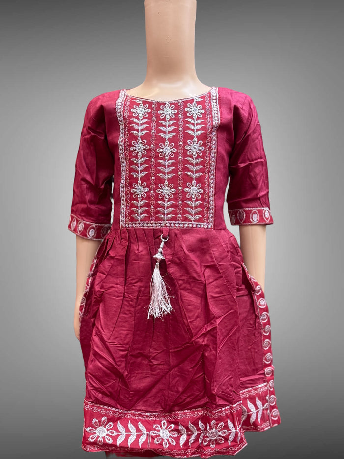 Cotton Embroidered Burgundy Girl's Salwar Suit