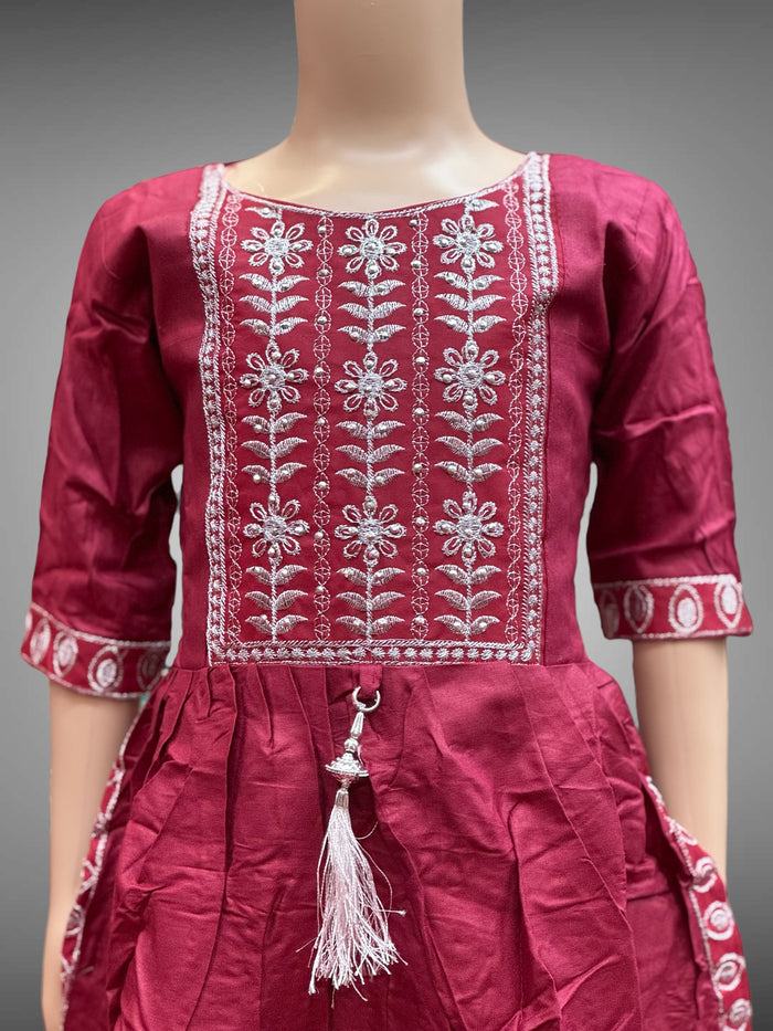 Cotton Embroidered Burgundy Girl's Salwar Suit