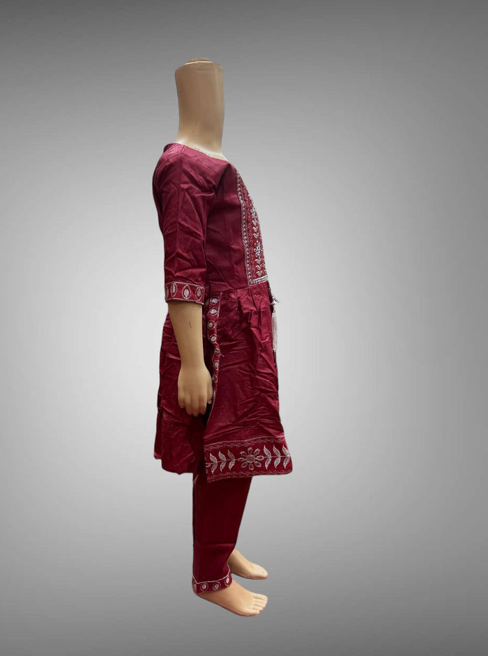 Cotton Embroidered Burgundy Girl's Salwar Suit