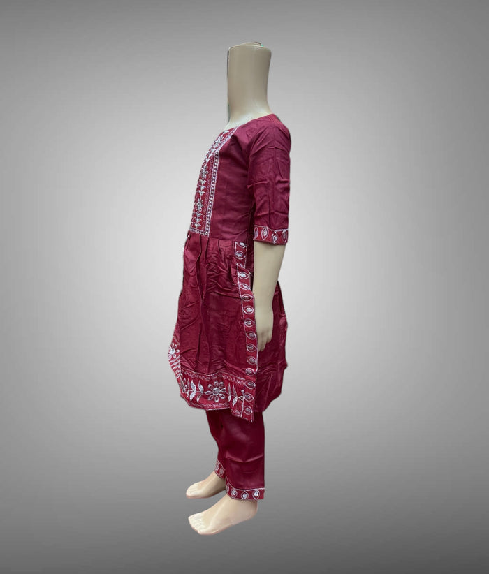 Cotton Embroidered Burgundy Girl's Salwar Suit