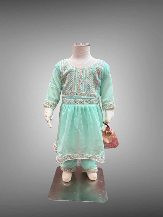 Cotton Embroidered Light Mint Green Girl's Salwar Suit