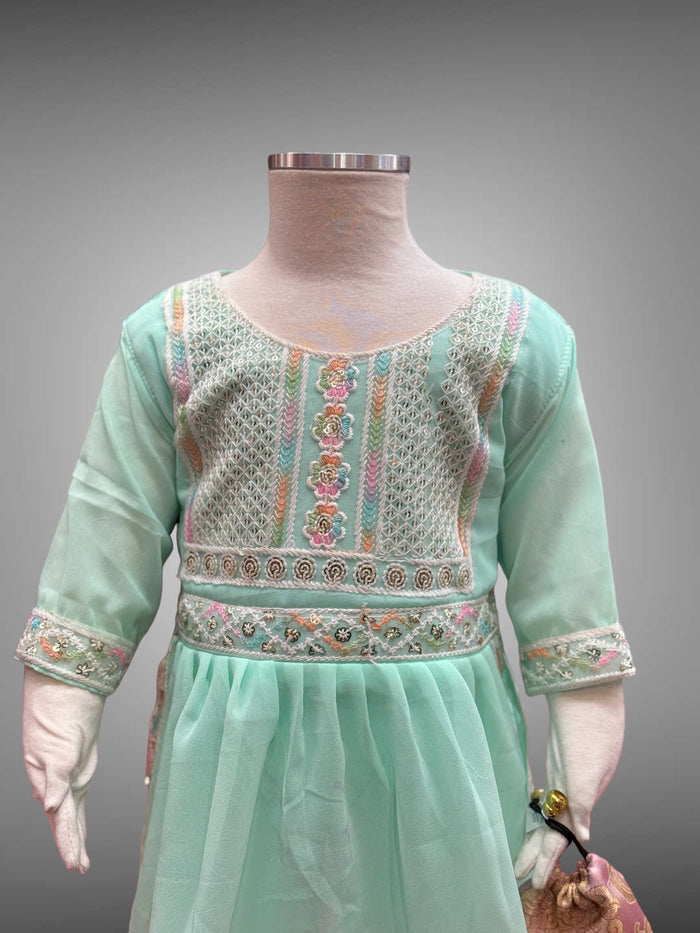 Cotton Embroidered Light Mint Green Girl's Salwar Suit