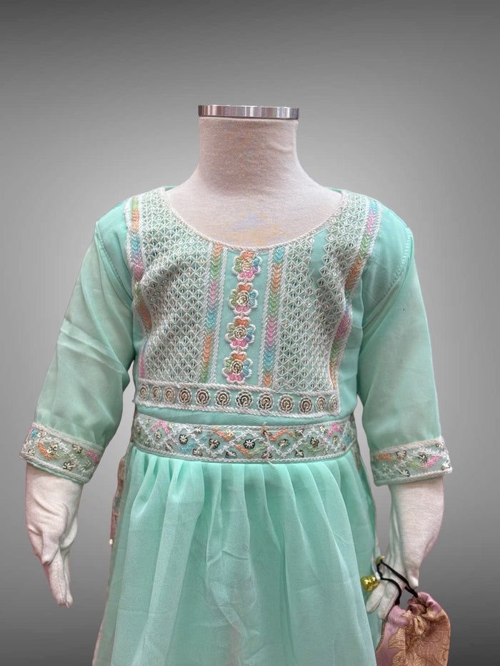 Cotton Embroidered Light Mint Green Girl's Salwar Suit