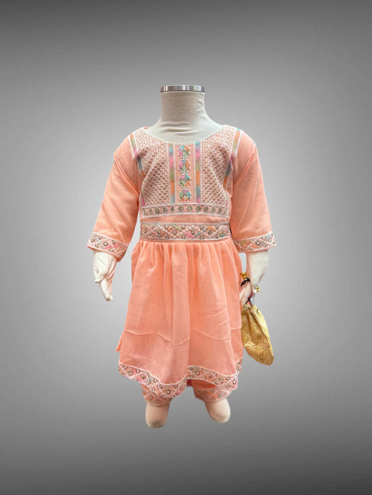 Cotton Embroidered Light Peachy Orange Girl's Salwar Suit