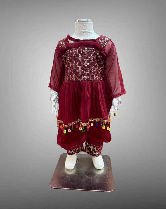 Cotton Embroidered Mahogany Red Girl's Salwar Suit