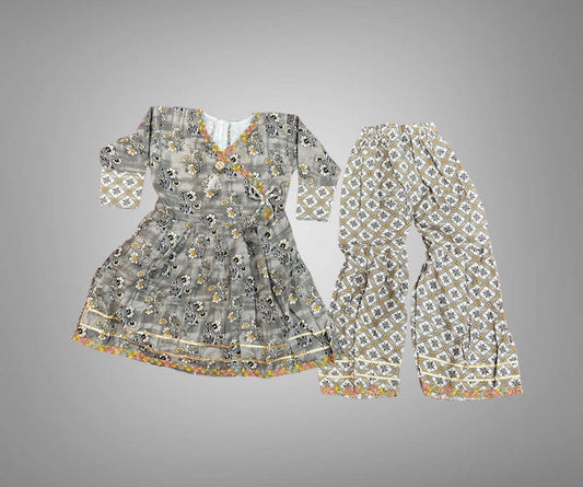 Cotton Shaded Grey Floral Printed Girl's Salwar Kameez