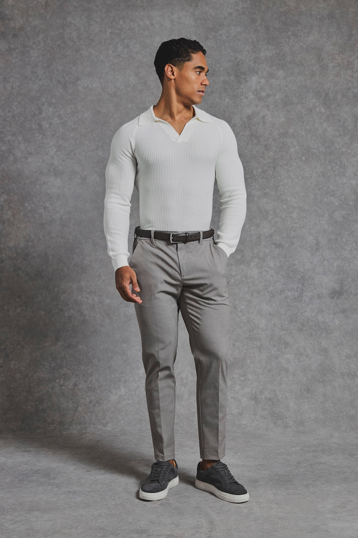 Cotton Textured Knitted Open Collar Polo Shirt in Winter White - TAILORED ATHLETE - USA