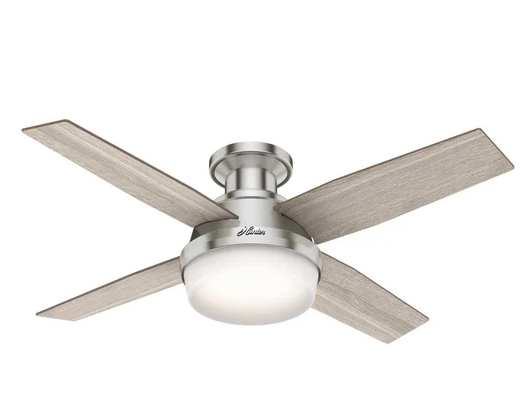 silver ceiling fan, ceiling fan, hunter fan, light wood ceiling fan, simple ceiling fan, ceiling fan with light, nickel ceiling fan
