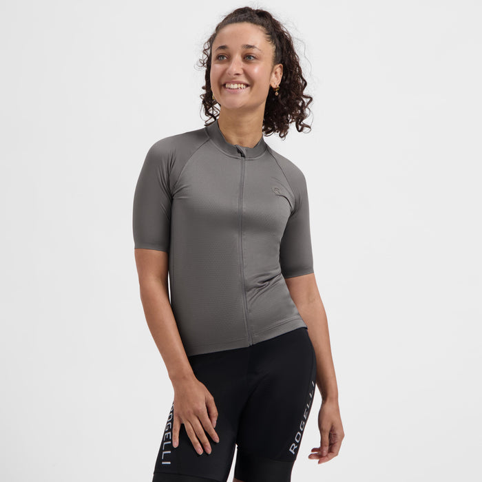 Rogelli Essential II fietsshirt dames plum kitten korte mouw gedragen voorkant.