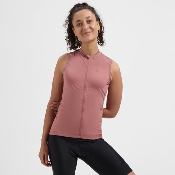 Rogelli Essential II mouwloos fietsshirt dames chutney korte mouw gedragen voorkant.