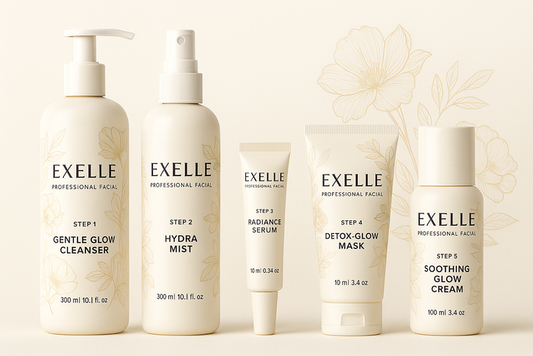Exelle Professional Glow Facial Kit – 5-step luxury skincare set with cleanser, mist, serum, mask, and cream in matt ivory floral packaging