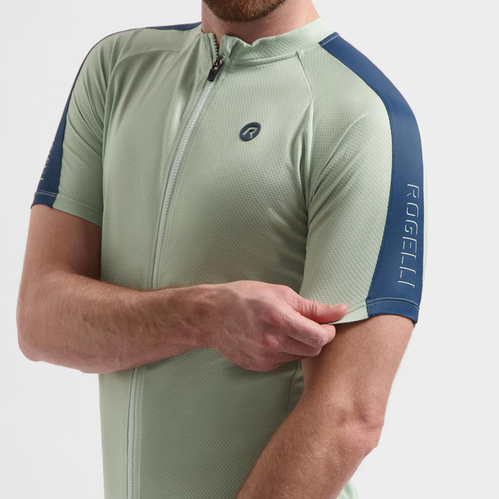 Detail van Rogelli Explore fietsshirt heren aqua grijs korte mouw.