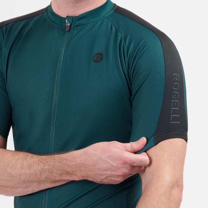 Detail van Rogelli Explore fietsshirt heren deep teal korte mouw.