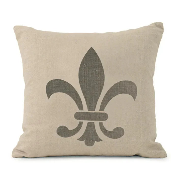 Beige linen pillow with gray fleur-de-lis design, French country decor accent