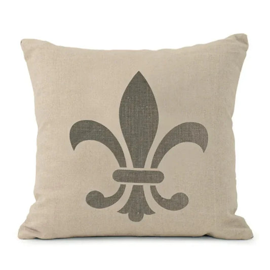 Beige linen pillow with gray fleur-de-lis design, French country decor accent