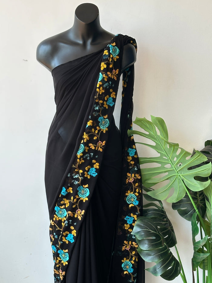 Floral emb Black georgette saree