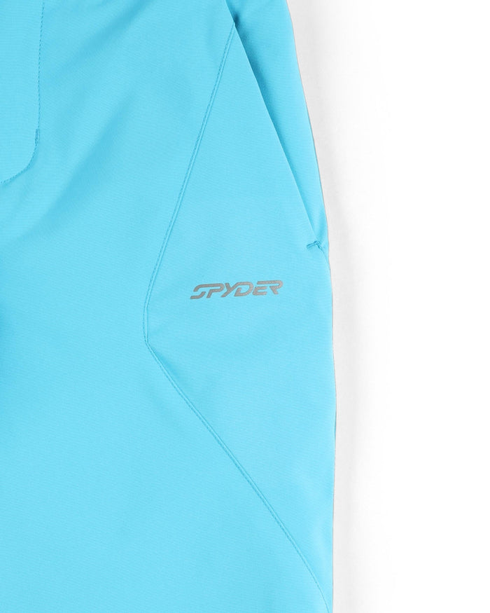 Close-up of a blue and white garment with Spyder logo