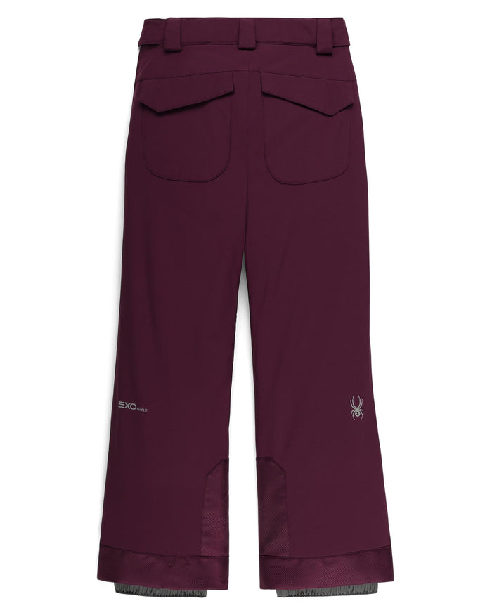 Maroon pants with a brand logo on a white background