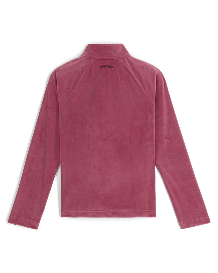 Pink fleece pullover with a brand logo on the back against a white background