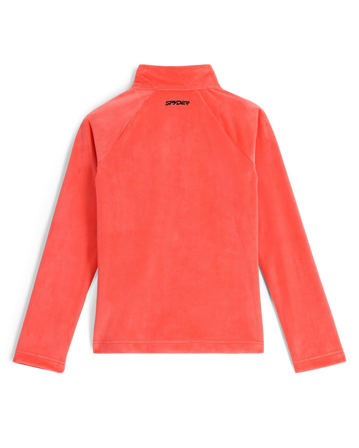 Red fleece jacket with a brand logo on the back against a white background