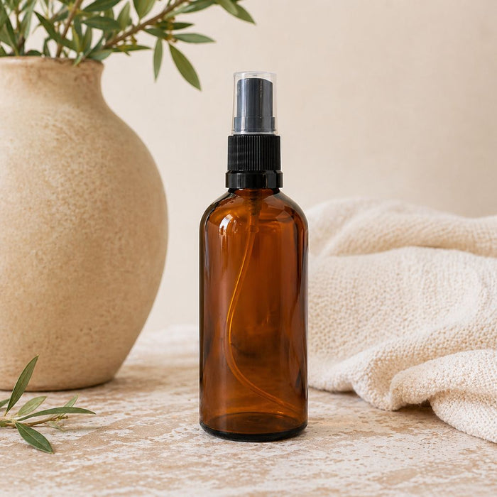 Go-For-Zero-Australia-Amber-Glass Bottle-with-Atomiser-and-Clear Overcap-Empty-100ml-Styled