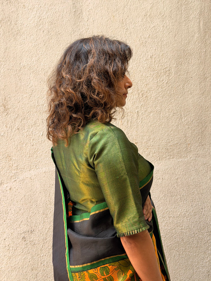 Green Zari Striped Silk Blouse