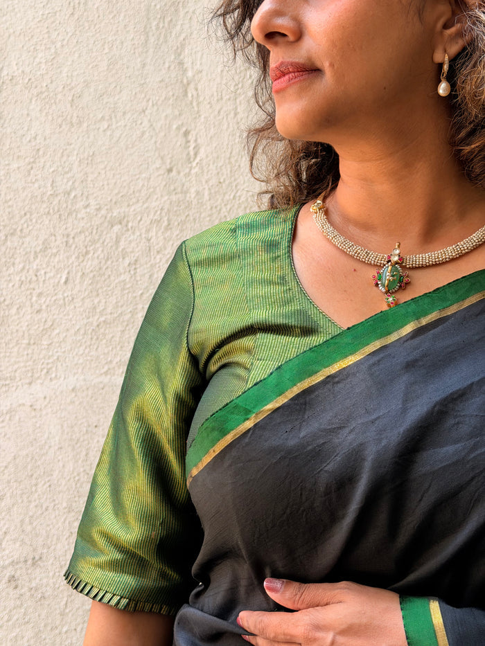 Green Zari Striped Silk Blouse