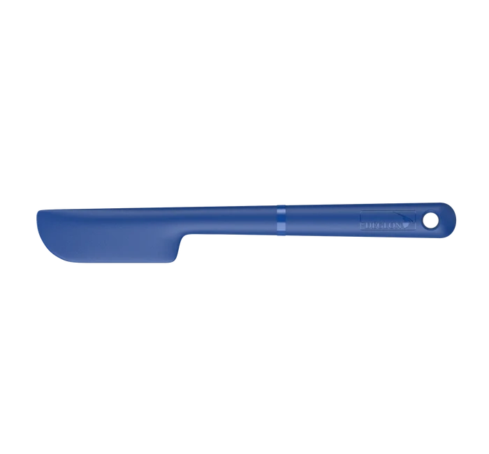 A blue silicone spatula with a flat blade and a hanging loop on the handle, shown horizontally against a plain white background.
