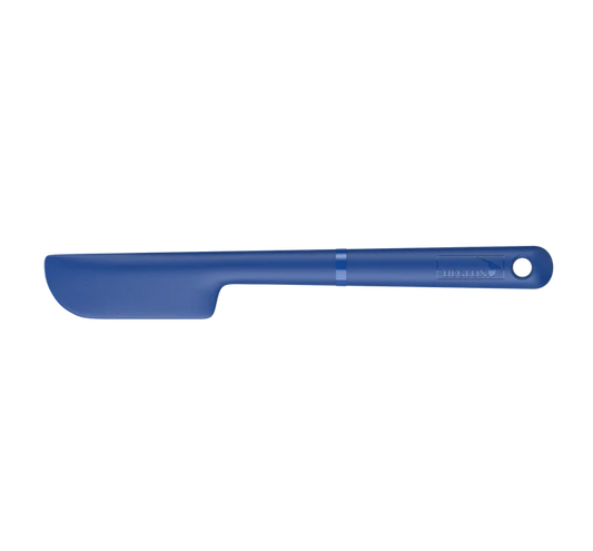 A blue silicone spatula with a flat blade and a hanging loop on the handle, shown horizontally against a plain white background.