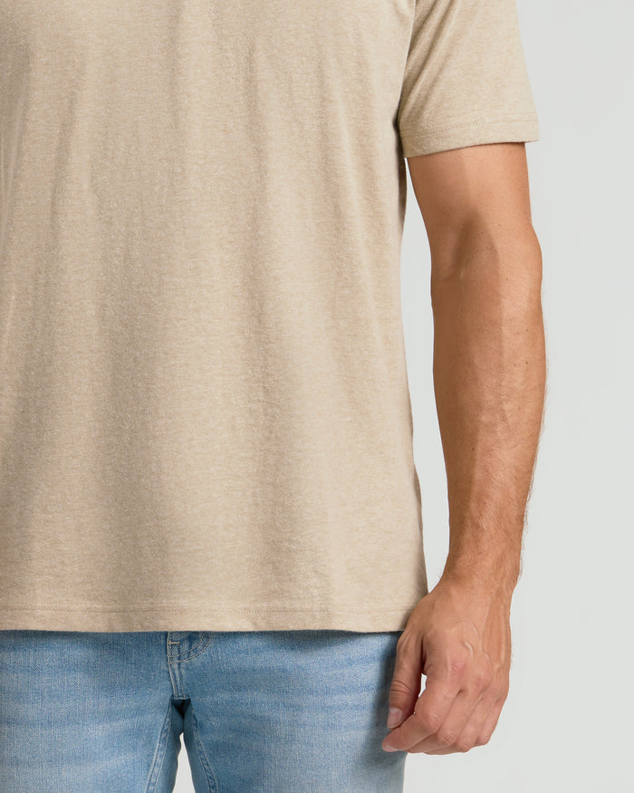 Heather Fennel Classic Crew Neck worn with light-wash jeans.