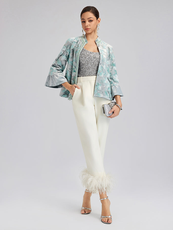 High-Waist Feather Trim Pants