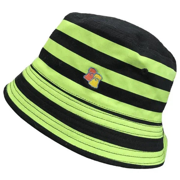 Striped bucket hat with black and neon green bands featuring small colorful embroidered logo
