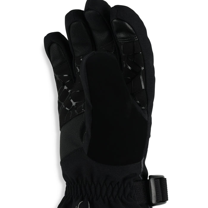 Close up of a black glove on a white background.