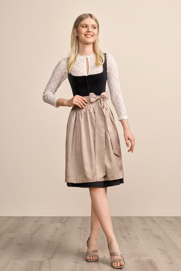 Kruger Midi Dirndl Suzanne in black with velvet bodice, knee-length skirt, and apron.