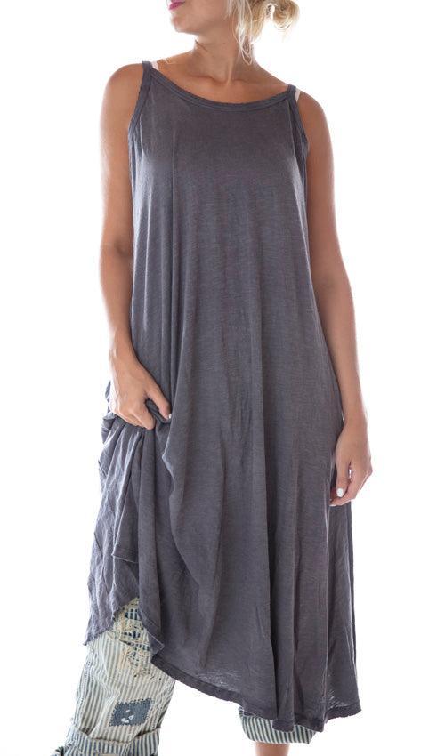 Magnolia Pearl gray sleeveless dress, artisan vintage style, over whimsical patchwork pants