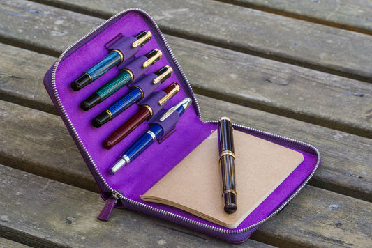 Leather Zippered 5 Slots Pen Case - Purple