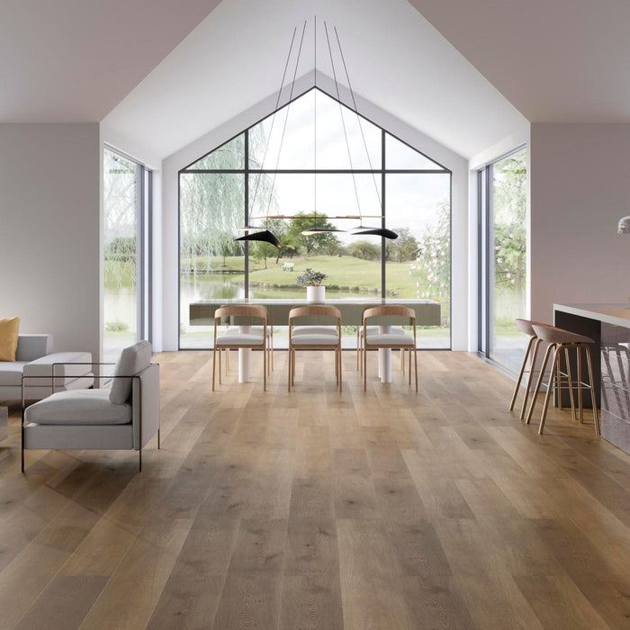 Open plan room with wood effect luxury vinyl flooring, dining table and chairs and a large window view.