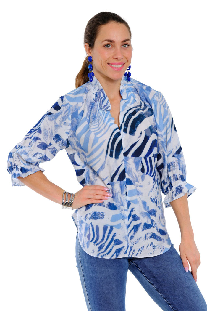 Blue animal print ruffle neck blouse for women, perfect casual top