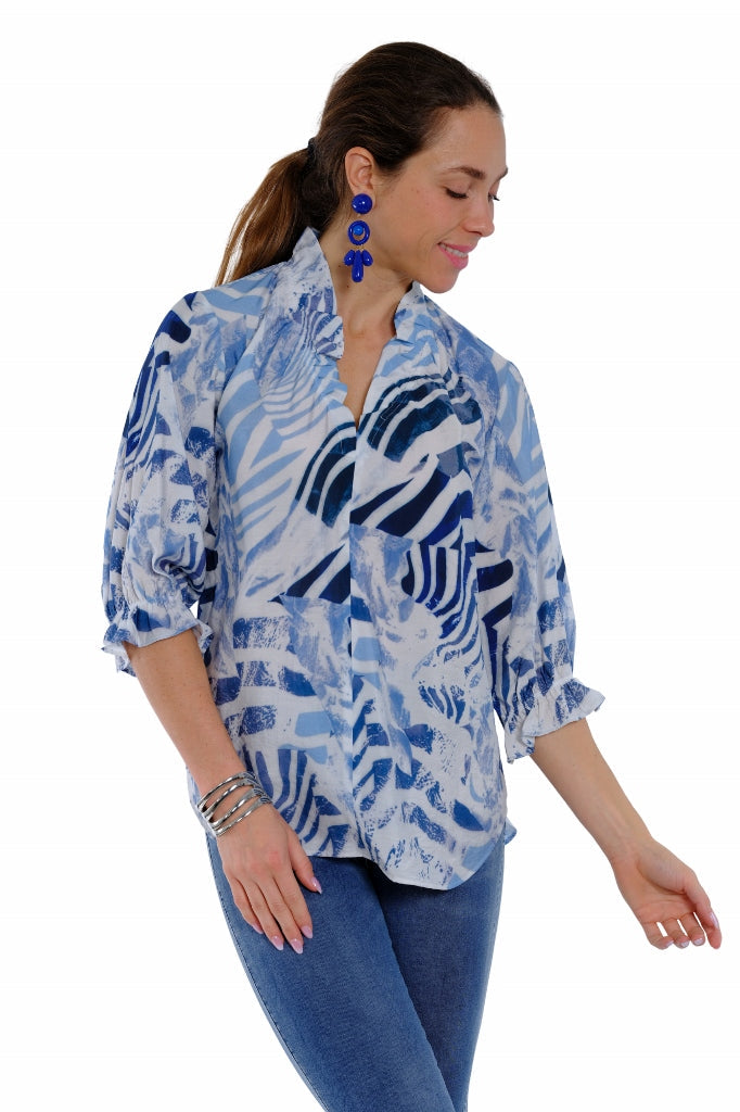 Loose fit blue patterned blouse for women’s casual and resort wear