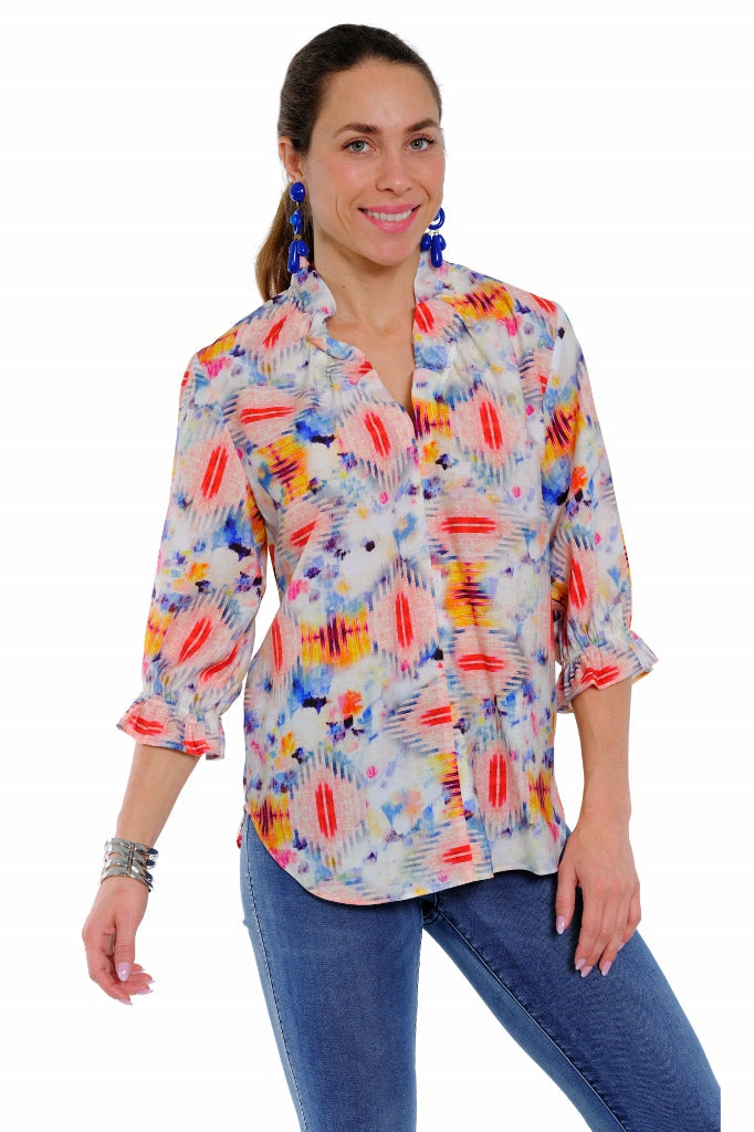 Multi color diamond print ruffle neck blouse for women, perfect casual top