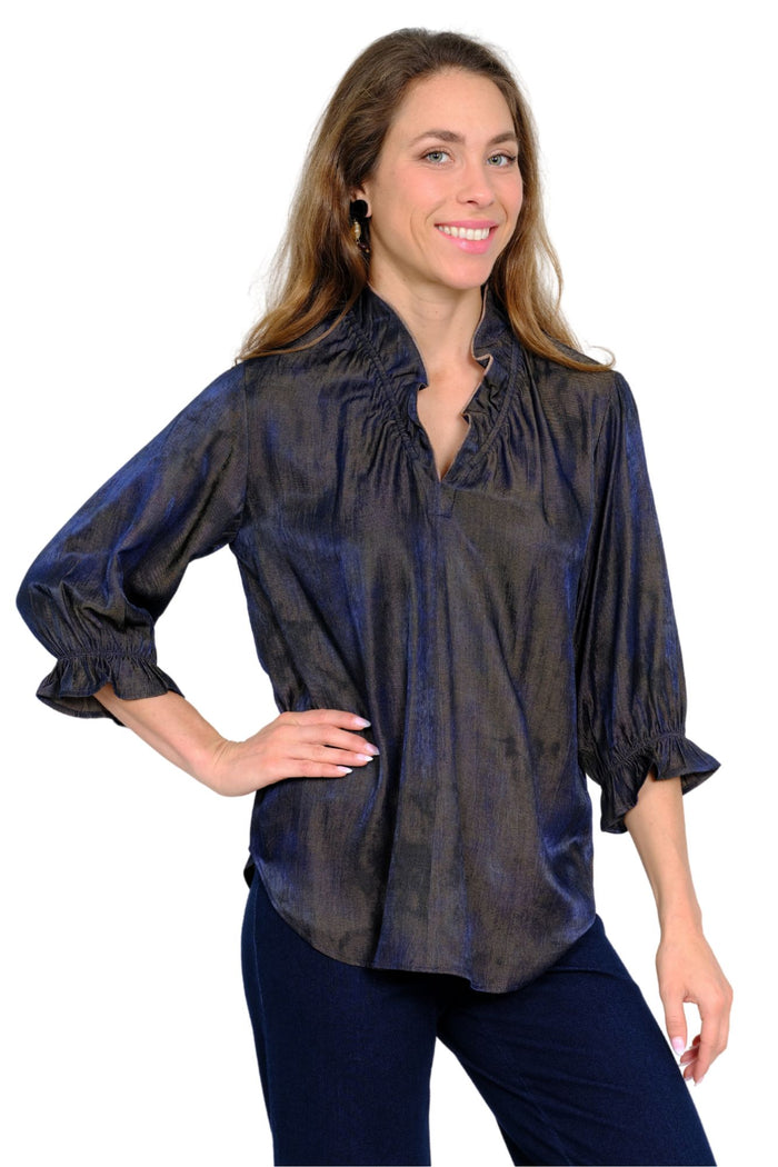 LIOR Women's Navy Shimmer Ruffle Neck 3/4 Sleeve Blouse - "Hailey"