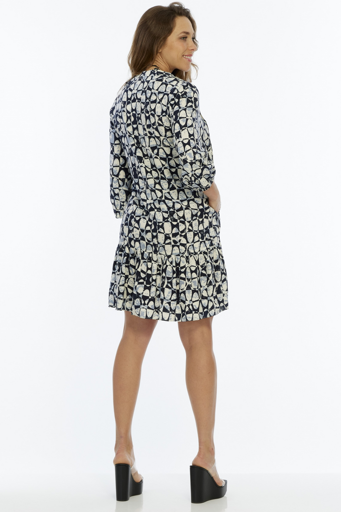 LIOR Women's White & Navy  Knee Length Dress With 3/4 Sleeves - "Vita"