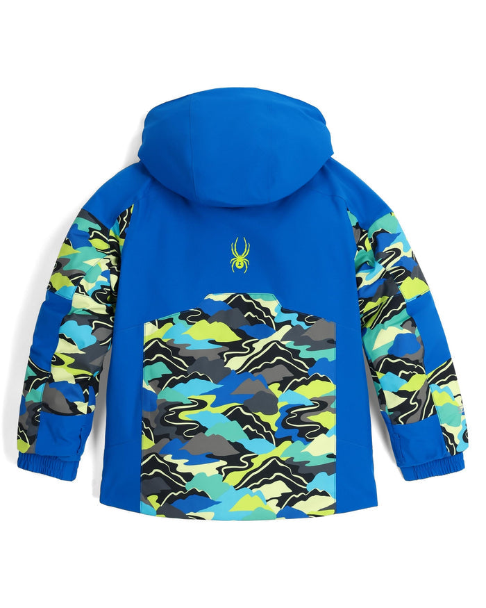 Blue jacket with colorful camouflage pattern on a white background