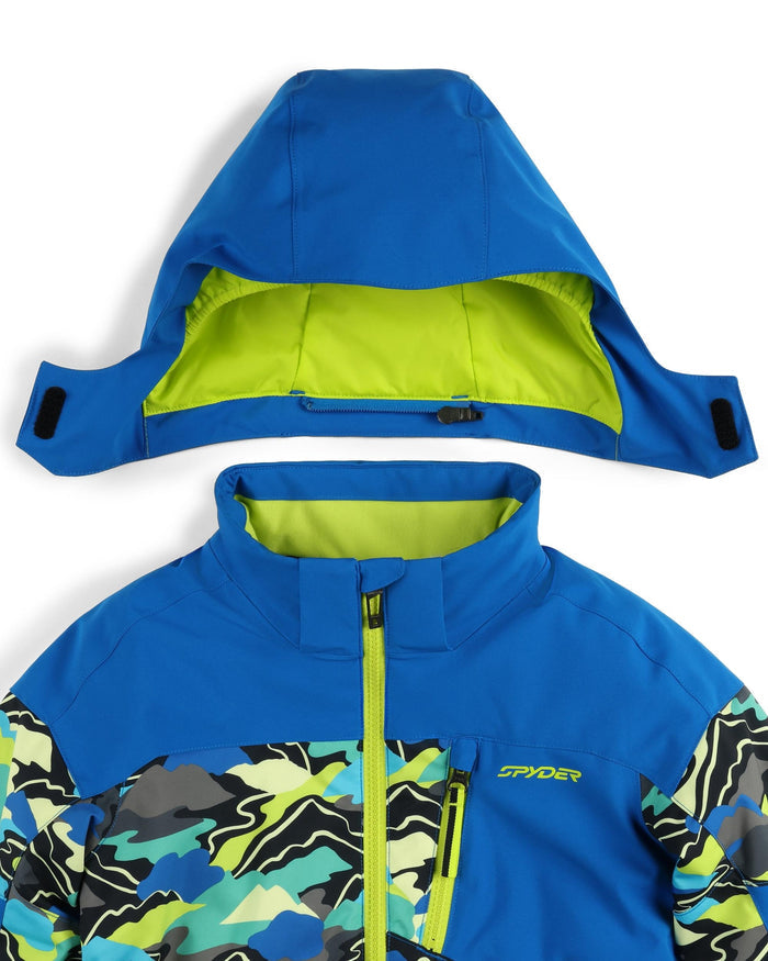 Blue and green jacket with camouflage pattern on a white background