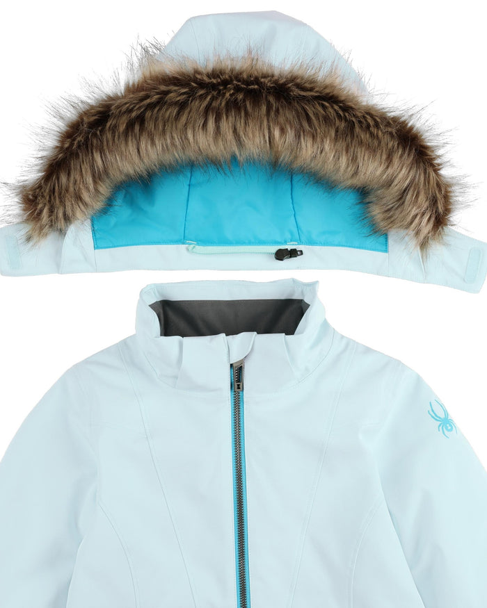 Light blue winter jacket with a fur-lined hood on a white background