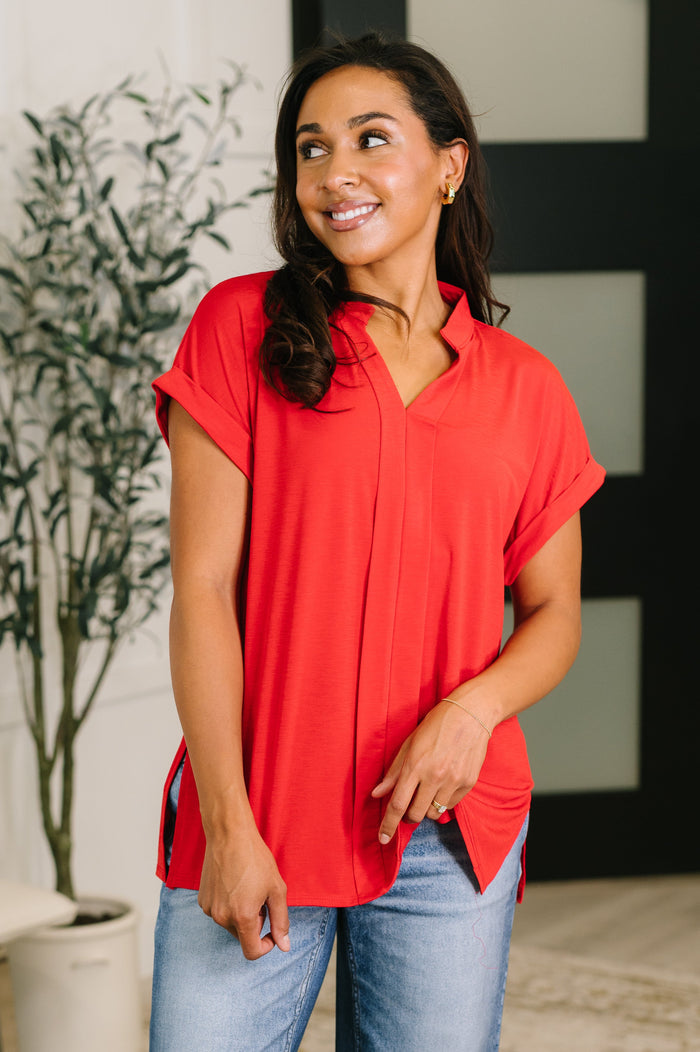 Lizzy Bloom Split Neck Blouse in Red by Dear Scarlett