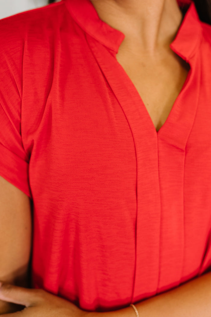 Lizzy Bloom Split Neck Blouse in Red by Dear Scarlett