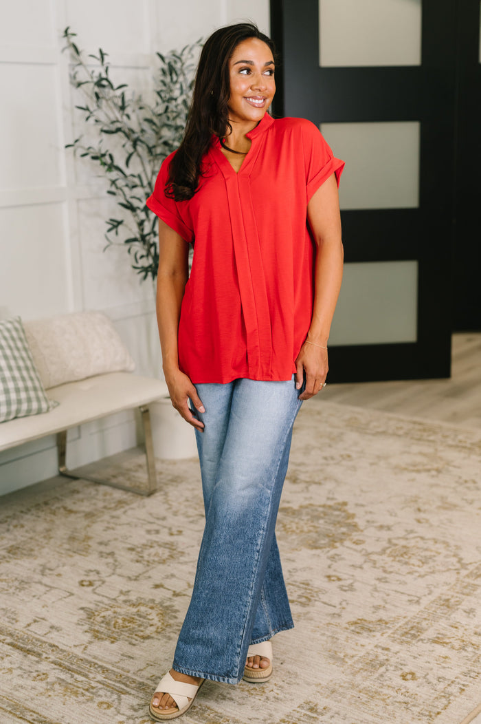 Lizzy Bloom Split Neck Blouse in Red by Dear Scarlett