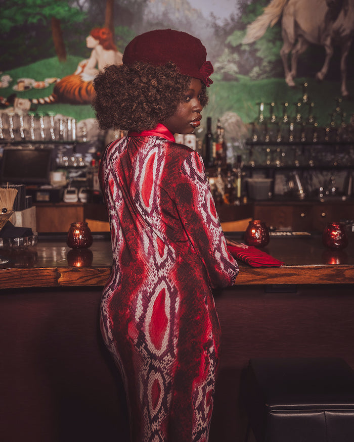 Person in a red patterned outfit standing behind a bar with a vintage decor.