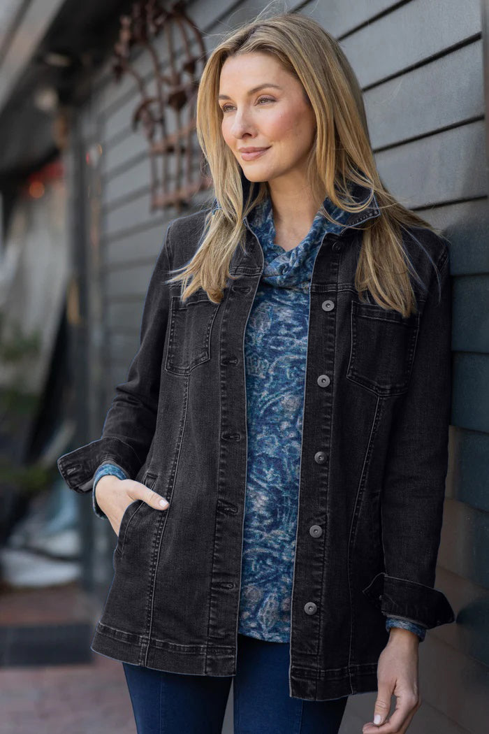 Long Stretch Denim Boyfriend Jean Jacket - 11410